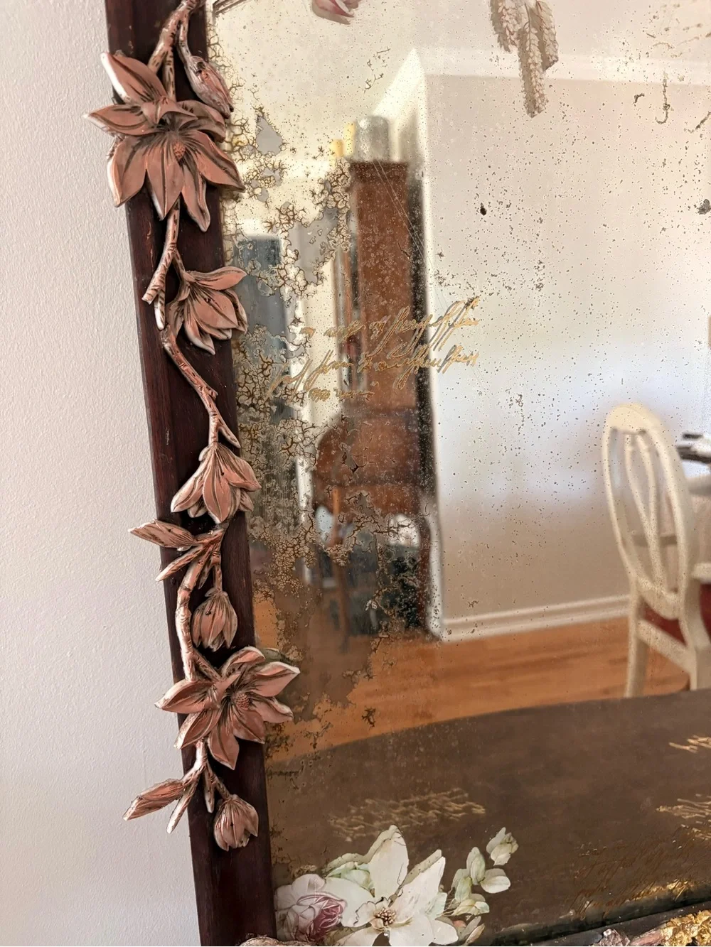 Ornate Floral & Bird Accent Wall Mirror with copper and gold accents